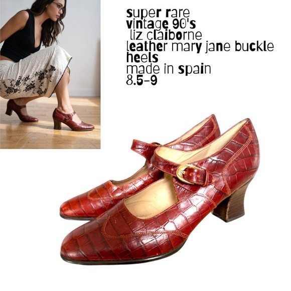 Liz Claiborne Shoes - 90s Vintage Liz Claiborne Croc Leather Mary Jane Buckle Heels Size 8.5 -9 rare
